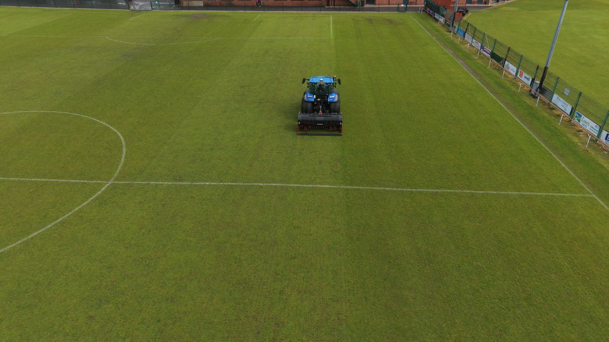 pleasantviewgm's tweet photo. Verti drain and overseed @GarstangFC 

Almost abandoned it due to rain, but it blew up dry and came up alright in the end. https://t.co/uprkaTiUCU
