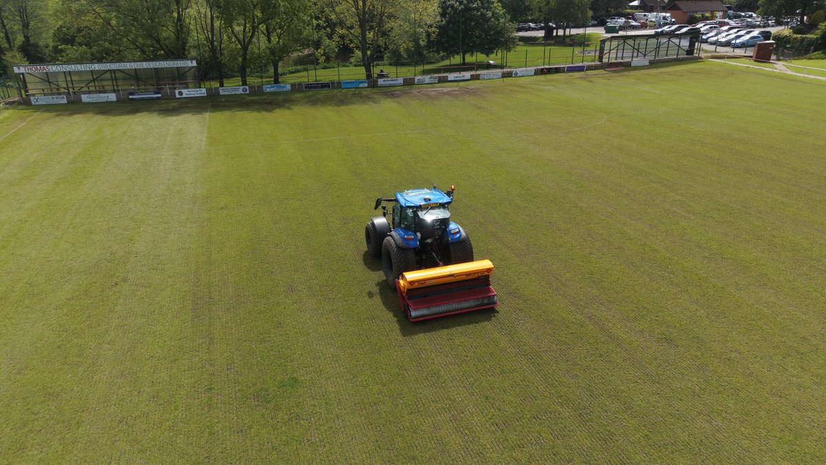 pleasantviewgm's tweet photo. Verti drain and overseed @GarstangFC 

Almost abandoned it due to rain, but it blew up dry and came up alright in the end. https://t.co/uprkaTiUCU