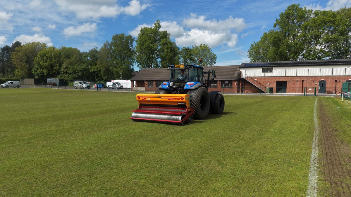 pleasantviewgm's tweet photo. Verti drain and overseed @GarstangFC 

Almost abandoned it due to rain, but it blew up dry and came up alright in the end. https://t.co/uprkaTiUCU