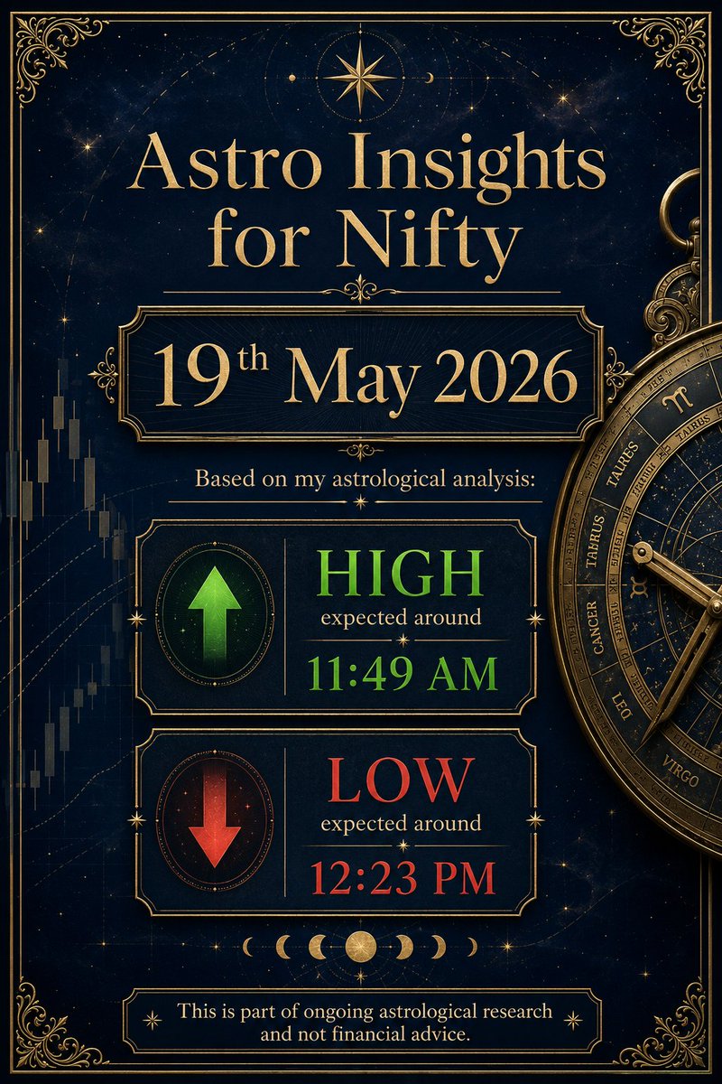 NiftyOracleAS's tweet photo. Astro Insights for #Nifty - 19th May 2026  

Disclaimer: This is not financial advice. Please consult a SEBI-registered advisor before making any trading decisions.  

#Nifty50 #VedicAstrology #Astrology #NiftyOptions #Trading #NSE #BSE #StockMarket #Astro https://t.co/mIKWDjRqr3