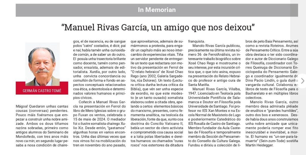 esmudiense's tweet photo. Eu tamén quixen lembrar a Manuel Rivas García, recente e inesperadamente falecido. Velaí o Diario de Ferrol, que acolleu a miña modesta aportación. https://t.co/oaQKOksYqa