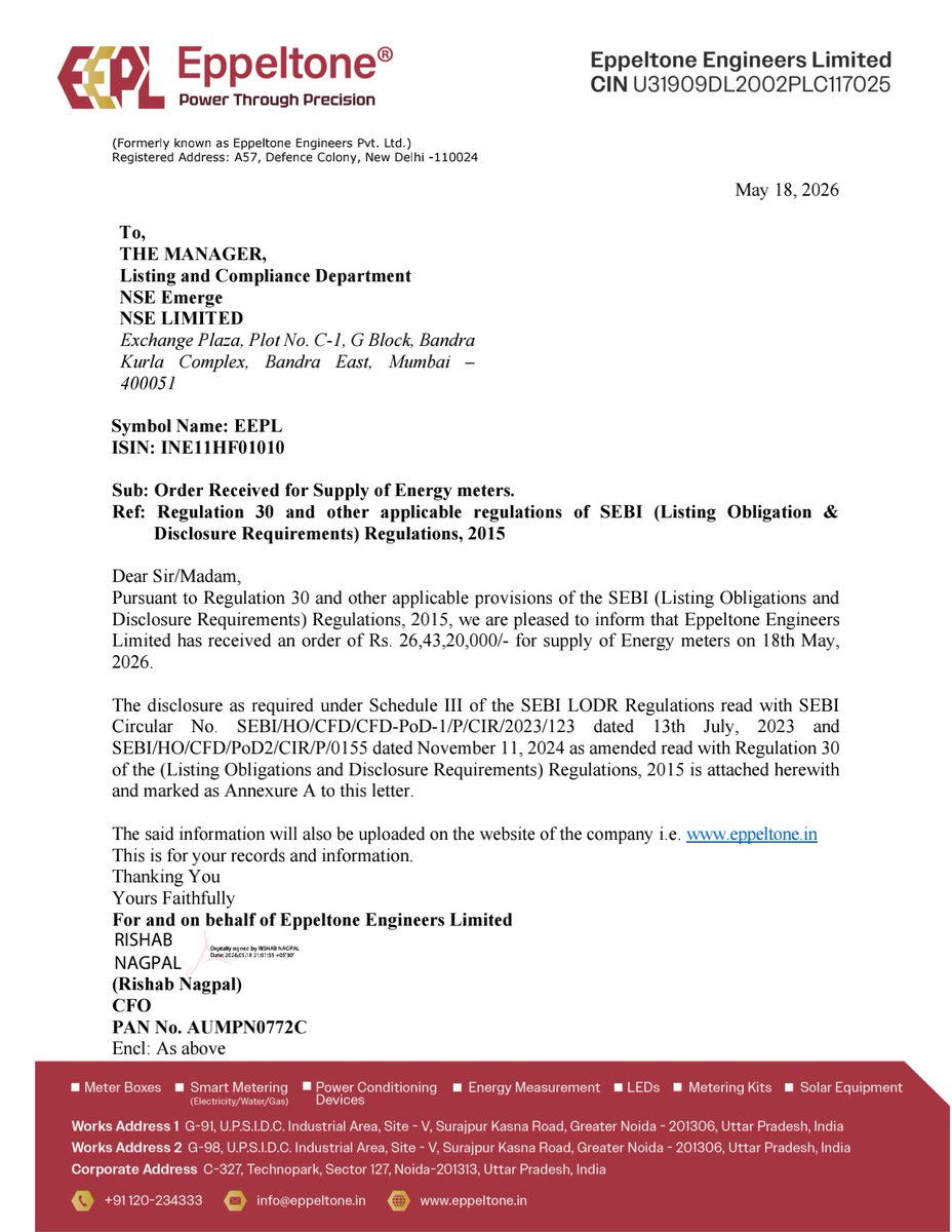 nileshkurhade's tweet photo. 📌 Eppeltone Engineers Limited informed the exchange about receiving an order of Rs. 26,43,20,000/- for supply of Energy meters on 18/05/2026 17:20. The order is to be executed by July, 2026. #SME #EEPL ⚡📦 https://t.co/5iW56DdMXX
