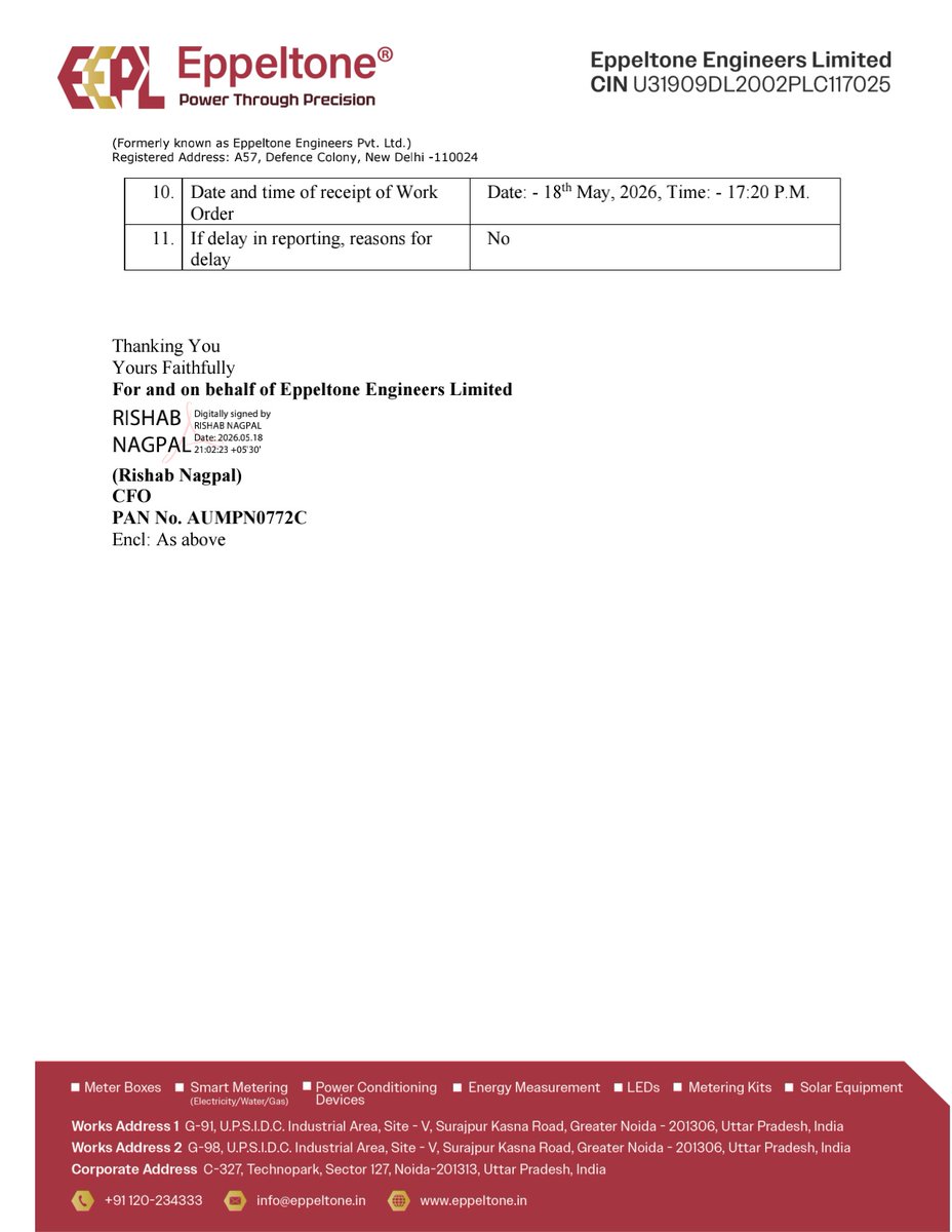nileshkurhade's tweet photo. 📌 Eppeltone Engineers Limited informed the exchange about receiving an order of Rs. 26,43,20,000/- for supply of Energy meters on 18/05/2026 17:20. The order is to be executed by July, 2026. #SME #EEPL ⚡📦 https://t.co/5iW56DdMXX