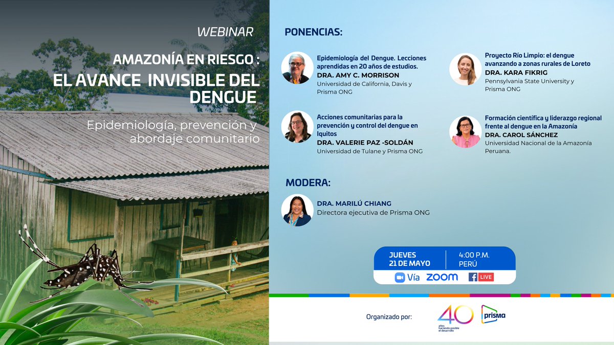 PrismaONG's tweet photo. El dengue está avanzando hacia nuevas zonas de la Amazonía y planteando desafíos cada vez más complejos para la salud pública y la prevención comunitaria.
Especialistas analizarán este escenario en un nuevo espacio de #ClavesDelDesarrollo
🔗Inscripciones: https://t.co/fyR9XL6Al1 https://t.co/Wygx12VPO9