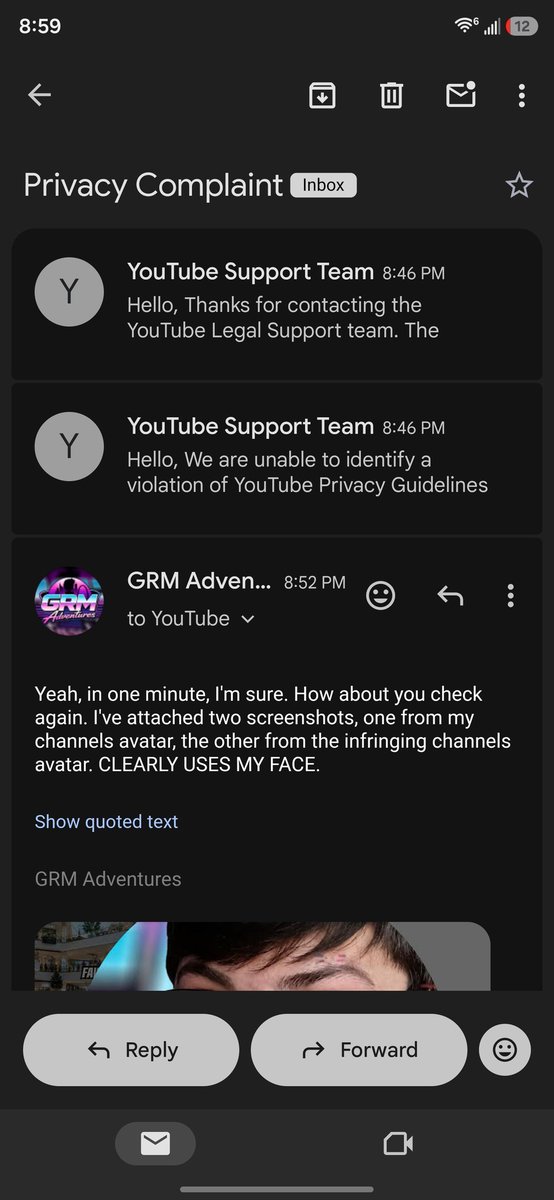 GRM_Adventures's tweet photo. @TeamYouTube I'd appreciate a human to review a report, not a clear bot that denied me in less than a minute. https://t.co/T8DbYxBWiQ