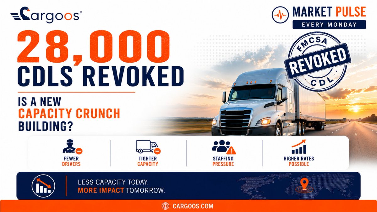 cargoos's tweet photo. CARGOOS MARKET PULSE📊

FMCSA reportedly revoked around 28,000 CDLs, while thousands more drivers were placed out-of-service over compliance concerns.

Fewer drivers
Tighter capacity
Staffing pressure
Possible rate increases

#MarketPulse #TruckingIndustry #Logistics #Cargoos https://t.co/krCRwniSLp