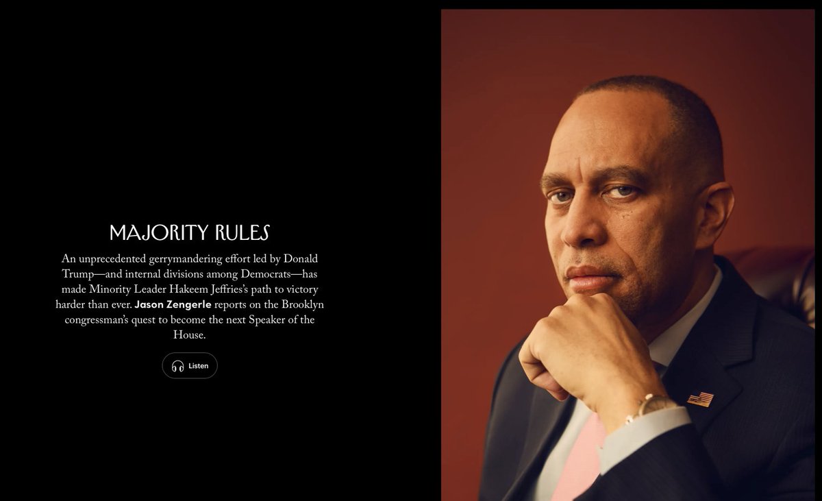 zengerle's tweet photo. I wrote about Hakeem Jeffries &amp; his quest to become Speaker of the House for @NewYorker. Also covered: his "old school" Brooklyn upbringing; his "frictionless" rise up the Democratic Party ladder; the C.B.C.; the D.S.A.; redistricting; &amp; what it means to be a wartime consigliere. https://t.co/VnStbQxc4B