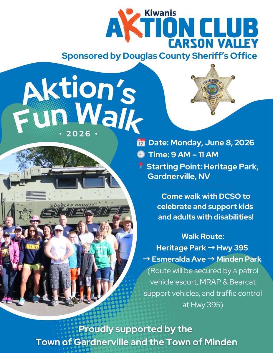 DouglasSheriff's tweet photo. Mark your calendars and lace up those sneakers. 👟💙 #DCSO

Join the Douglas County Sheriff’s Office and the Kiwanis Aktion Club Carson Valley for Aktion’s Fun Walk 2026 on Monday, June 8 from 9 AM – 11 AM.

📍 Starting Point: Heritage Park, Gardnerville https://t.co/fLYjsfnzv8
