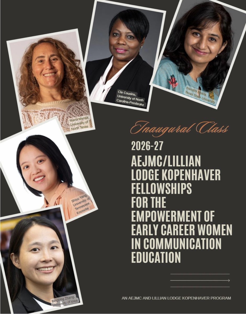 LLKCenter's tweet photo. Congratulations to the first 2026–27 inaugural class of the AEJMC/Lillian Lodge Kopenhaver Fellowship for the Empowerment of Early-Career Women in Communication Education.
Nandini Bhalla, Cle Cousins, Marta Mensa, Shiyu Yang, &amp; Bingbing Zhang! 
#AEJMC #KopenhaverCenter #fiucarta https://t.co/9mT1yNnhD1