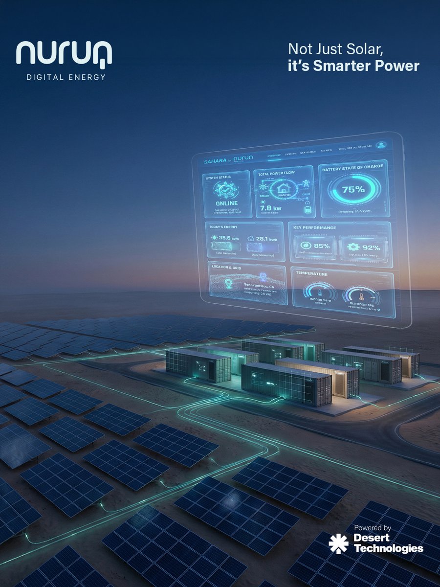dt_technologies's tweet photo. Solar is not the value. Smarter power is.
 Nurun’s Hybrid Solar + BESS connects generation, storage &amp; demand for stronger continuity and control.
القيمة ليست في طاقة الشمس فقط، بل في طاقة تعمل بذكاء أكبر.
#Nurun #BESS #SolarEnergy #Vision2030 https://t.co/UpoPHV8Kao