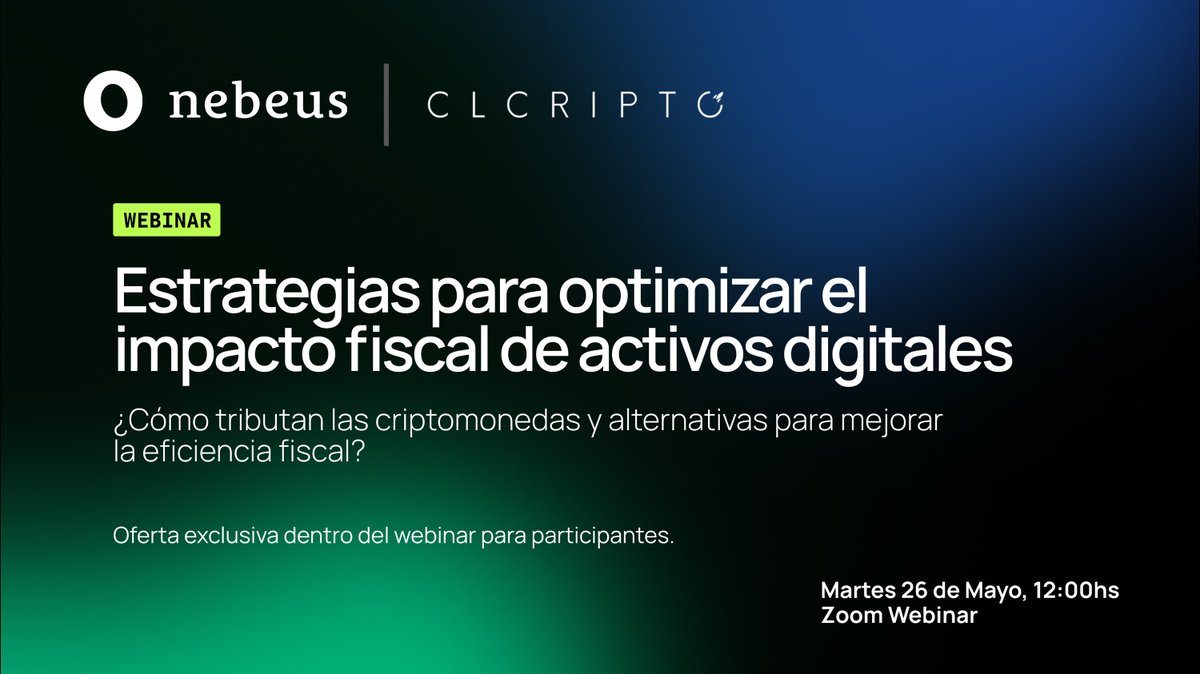 NebeusWorld's tweet photo. 🇪🇸 Junto con @CriptoLegal_Es organizamos un webinar sobre cómo gestionar tu liquidez sin generar eventos fiscales innecesarios

📅 El martes 26 de mayo a las 12:00h en vivo
📍Zoom
🎁 Para todos los asistentes habrá una oferta exclusiva al final del webinar.

Link para registrarse: https://t.co/ouklRuXOvr