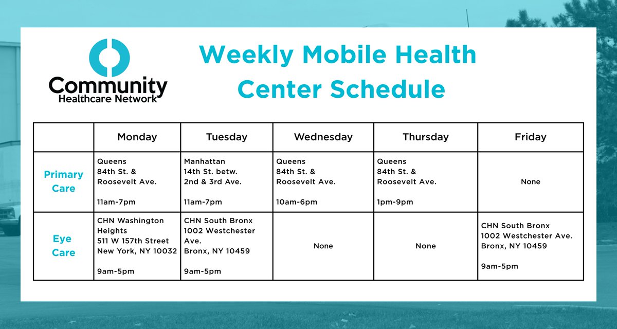 CHNMobileHealth's tweet photo. Check out updates to the CHN's Mobile Health Center schedule for the week of May 18th. Please contact 866.246.8259 for questions or 212.358.4119 to plan your visit to the Mobile Eye Care Center. https://t.co/T37bv5XLDY
