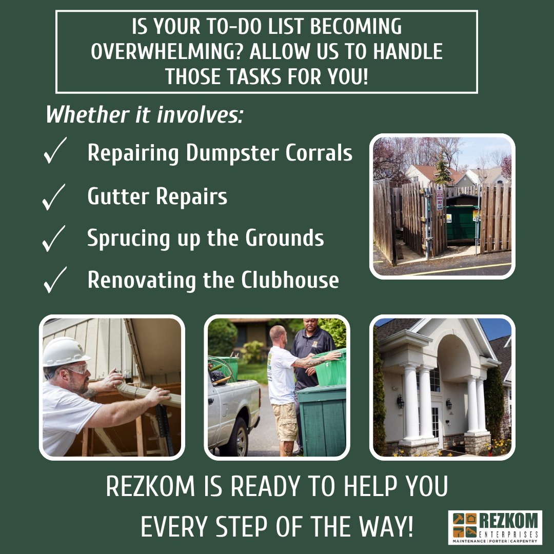 rezkom's tweet photo. Is your property’s to-do list piling up? From dumpster corral and gutter repairs to grounds cleanups and clubhouse renovations, Rezkom is here to help every step of the way! 
#ToDoList #RezkomToTheRescue #MaintenanceMatters #TeamRezkom #RezkomEnterprises #Rezkom https://t.co/O0xybCwH5D