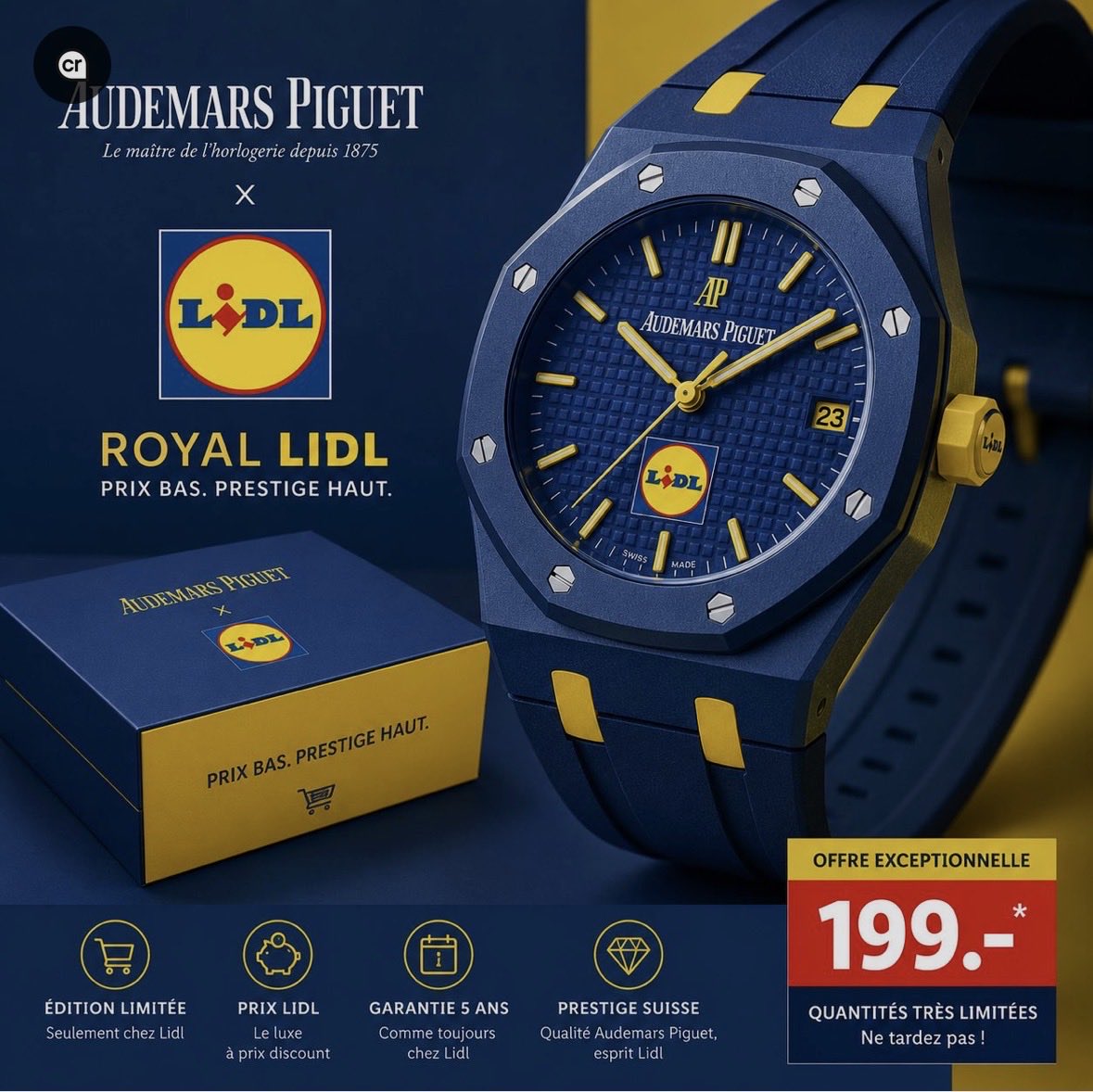 Tchoup3099's tweet photo. The Royal Lidl with a exclusive price … Hurry up ! It’s only this week #audemarspiguet #swatch #Lidl https://t.co/EIZCxtrctC