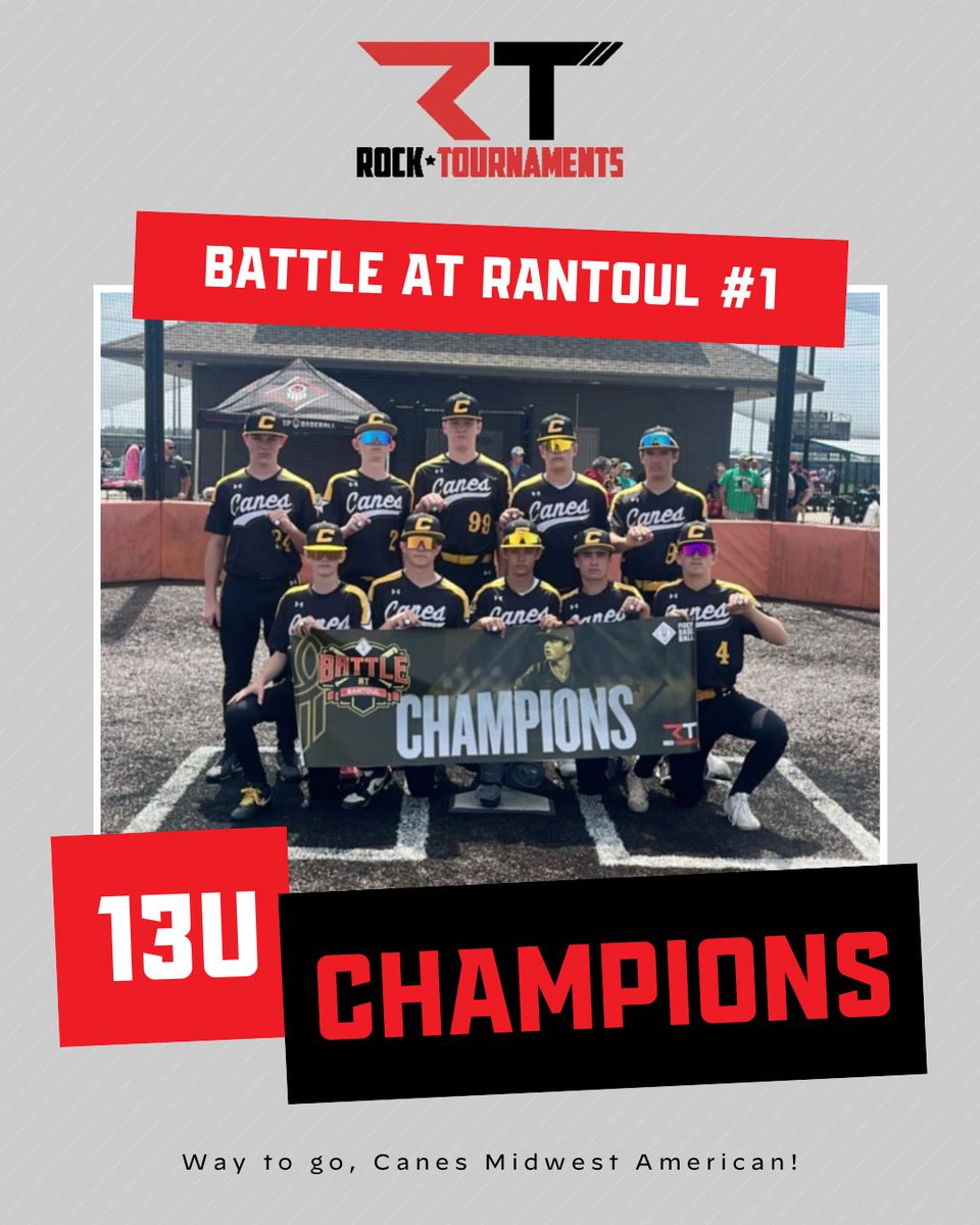 RockTournaments's tweet photo. 🥇 CHAMPIONS 🥇 

Congratulations to our champs from this weekend’s Battle at the Rantoul Family Sports Complex! 

10U - OnDeck2034 
12U - 1:9 Legacy 
13U - @CanesMidwest - American

#rocktournaments #playlikeitssunday #prepbaseball https://t.co/tyrE6Bg5lM