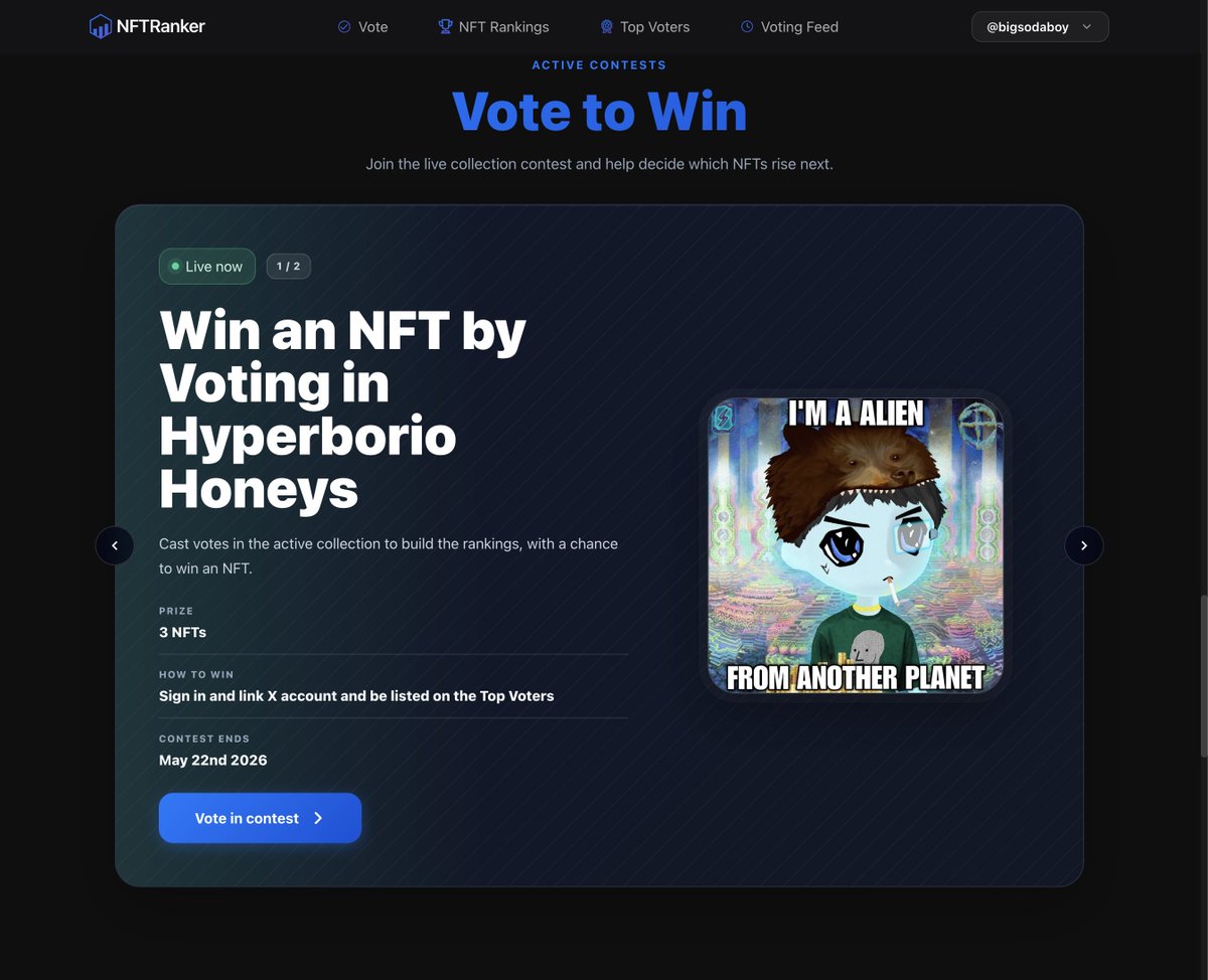 NFT_Ranker_'s tweet photo. 🚨 New Giveaway Alert! 🚨

WIN 1 of 3 Hyperborio Honeys NFTs! 

How to Qualify: 
1️⃣ Sign into NFTRanker 
2️⃣ Click My Profile -> Settings -> and set your X account 
3️⃣ Vote in the Hyperborio Honeys collection and rank among the Top 15 voters 

Three winners will be selected Friday at 6PM ET.

Existing voters can sign in and set their X account to keep their votes.

Good luck!