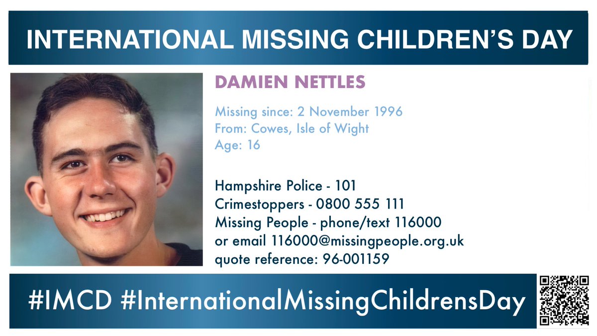 MisPersSupport's tweet photo. Damien Nettles was 16 years old when he went missing on 2 November 1996 from Cowes, Isle of Wight #DamienNettles #IMCD #InternationalMissingChildrensDay #MissingPersonsSupport #BlueForHope 🩵@valnettles1 https://t.co/vUwqAghxFV