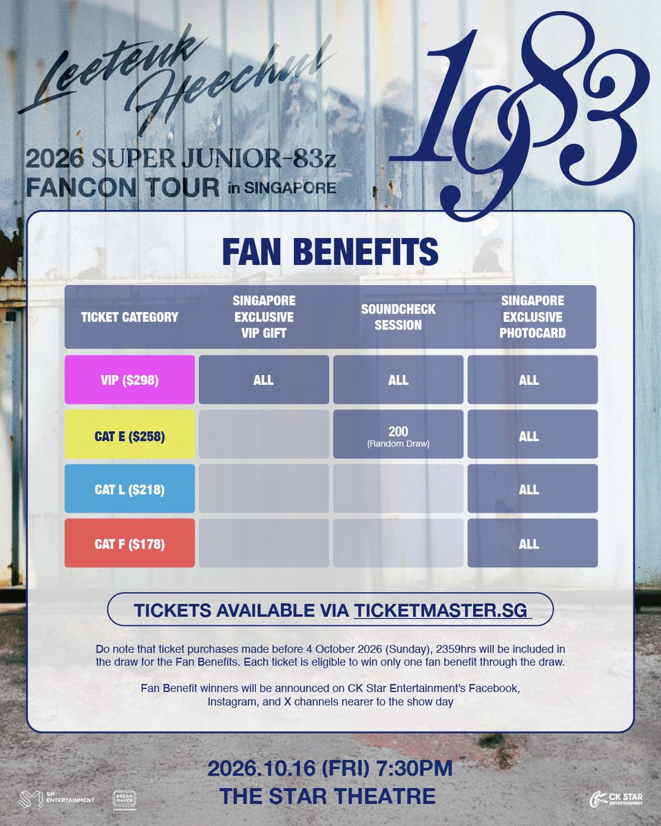 koreamonthly's tweet photo. [UPCOMING] 

SUPER JUNIOR-83z FANCON TOUR [1983] IN SINGAPORE

📅: 16 OCT (FRI), 7.30PM
📍: The Star Theatre
🎟️: Presale (25 May), General Sale (26 May) via Ticketmaster

#SUPERJUNIOR #SUPERJUNIOR83z #LEETEUK #HEECHUL #SJ #ELF 

This event is brought to you by @ckstarsg https://t.co/1tEaSz4T3I