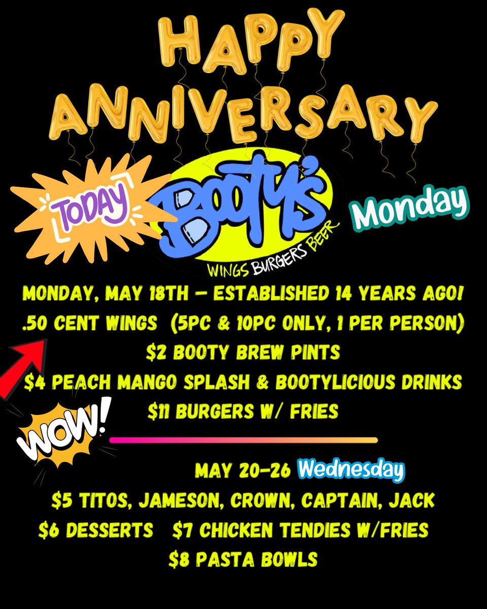 bootyswings's tweet photo. HAPPY ANNIVERSARY!!!
To us😉🎊🍻
Come celebrate with us
🍗🍔🍺 https://t.co/Jf2oDGUGy7