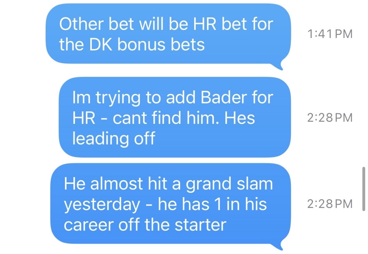 bfliller's tweet photo. @DKSports Im sick. This was my text yesterday afternoon. Now i should have waited for him to reappear but alas….

Any extra bonus bets laying around would be greatly appreciated 🫠 https://t.co/rW9eAIAFC1