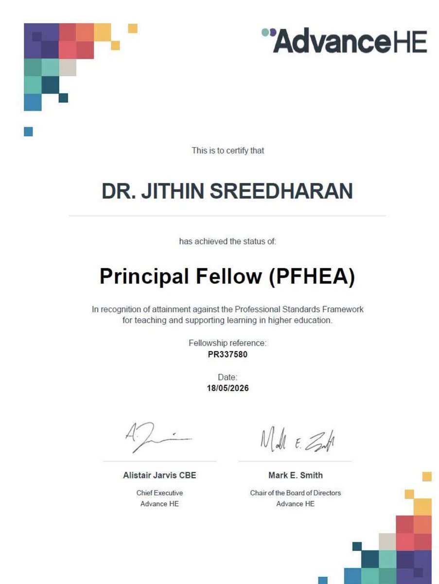 jithinksree's tweet photo. Privileged to share that I have been awarded the Principal Fellowship (PFHEA) by @AdvanceHE 
Committed for advancing global higher education through visionary academic leadership, transformative innovation, and the development of future ready healthcare leaders. @umanitoba https://t.co/1aMvR0HiGn