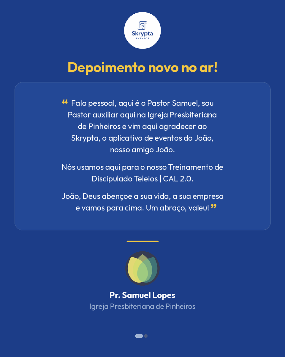 skryptaeventos's tweet photo. Agradecemos ao Pr. Samuel Lopes e à Igreja Presbiteriana de Pinheiros pela confiança no nosso trabalho durante o Treinamento de Discipulado Teleios | CAL 2.0.

Quer organizar o próximo evento da sua igreja ou ministério com a gente?

https://t.co/FtdrtQuOlO

#skrypta #igreja https://t.co/ymIcyQYxvu