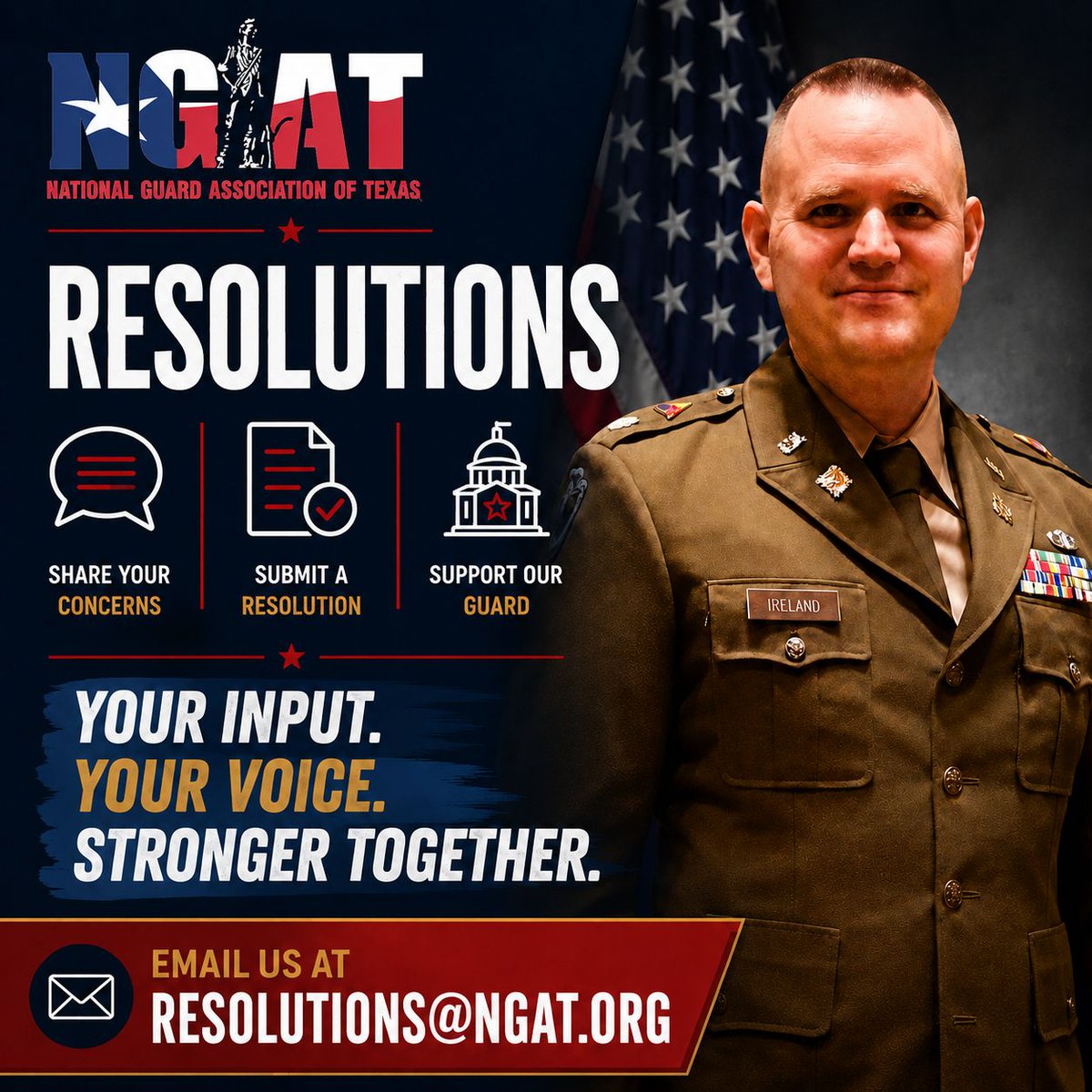 NGATX's tweet photo. NGAT members, your voice matters.

If there is an issue you believe needs attention, let us know.

Email your resolutions to: resolutions@ngat.org

Together, we can make sure our representatives stay informed and our members’ voices are heard. https://t.co/CvZmJuE0fO