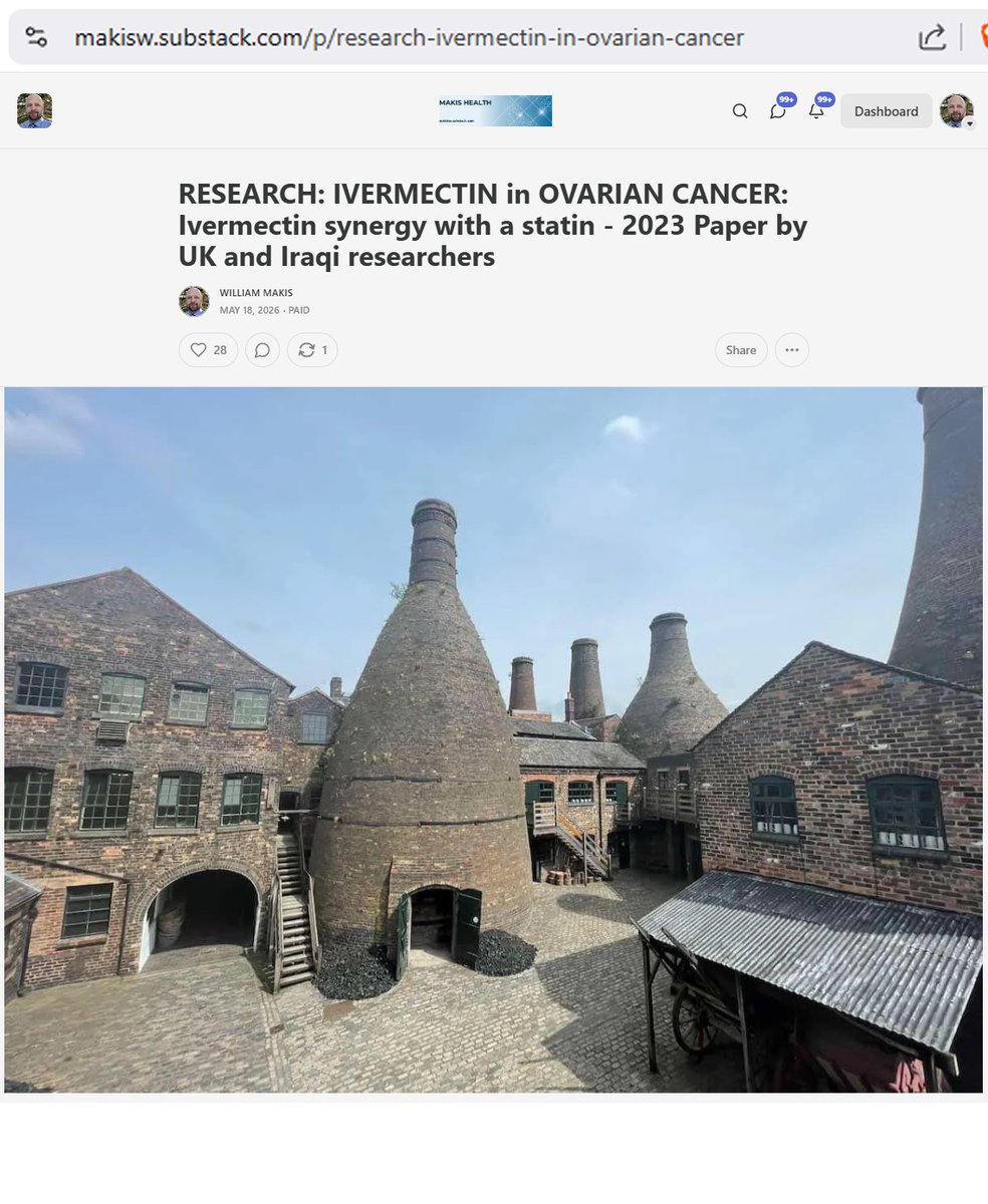 MakisMedicine's tweet photo. NEW ARTICLE: RESEARCH: IVERMECTIN in OVARIAN CANCER: Ivermectin synergy with a statin - 2023 Paper by UK and Iraqi researchers

New Repurposed Drug combination for Cancer!

Ivermectin + Statin

2023 Jawad et al - Ivermectin augments the anti-cancer activity of pitavastatin in Ovarian Cancer Cells

HIGHLIGHTS:

Researchers previously showed pitavastatin (a cholesterol lowering statin drug) can kill ovarian cancer cells at high doses

They wanted to identify a drug synergistic with pitavastatin to lower the dose needed for pitavastatin to be effective in Ovarian cancer

They tested IVERMECTIN + PITAVASTATIN in 6 Ovarian Cancer cell lines.

They tested the two drugs, separately and together, on six different lab-grown ovarian cancer cell lines (including COV-318 cells). They measured:

How much the drugs (Ivermectin, Pitavastatin) slowed or stopped cancer cell growth.

Whether the combination caused more cancer cells to die (apoptosis).

RESULTS:

Ivermectin used at lower dose had only a mild effect on Ovarian Cancer cells

Ivermectin + Pitavastatin had a strong synergistic effect

DISCUSSION:

Previous work from Ricardo et al. has shown a synergistic interaction between pitavastatin, paclitaxel, and ivermectin in Ovarian Cancer

These authors found that these drugs synergistically decreased the viability of paclitaxel-resistant Ovarian Cancer cells.

“We are particularly interested in whether statins can be used as an alternative to chemotherapy, possibly in patients who have become resistant to chemotherapy, so we explored the combination of pitavastatin and ivermectin in the absence of paclitaxel.”

“In this study, we report synergy between pitavastatin and ivermectin, and this synergy may contribute to the synergy observed in the triple-drug combination evaluated by Ricardo”

A synergistic interaction was observed in Fuov-1, Cov-362 and Cov-318 Ovarian Cancer cells. 

In the latter two cells, synergy was observed at multiple concentrations of Ivermectin

CONCLUSION:

Repurposed drugs are the FUTURE of Cancer Care.

We have helped over 9000 Cancer patients with Ivermectin, Mebendazole and Fenbendazole in the largest Ivermectin Cancer Project in the world!

The repurposed drug revolution is coming to FLORIDA along with New Cancer Clinics! 😀

Article link in first photo at the top to avoid shadowbanning on X, just retype the URL into your browser.