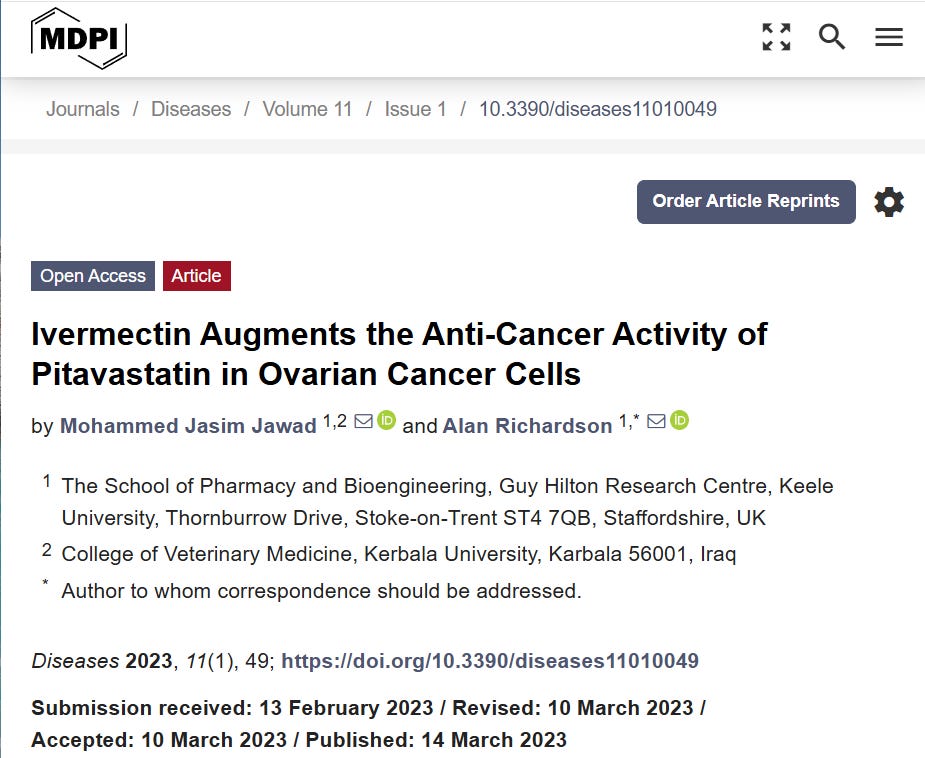 MakisMedicine's tweet photo. NEW ARTICLE: RESEARCH: IVERMECTIN in OVARIAN CANCER: Ivermectin synergy with a statin - 2023 Paper by UK and Iraqi researchers

New Repurposed Drug combination for Cancer!

Ivermectin + Statin

2023 Jawad et al - Ivermectin augments the anti-cancer activity of pitavastatin in Ovarian Cancer Cells

HIGHLIGHTS:

Researchers previously showed pitavastatin (a cholesterol lowering statin drug) can kill ovarian cancer cells at high doses

They wanted to identify a drug synergistic with pitavastatin to lower the dose needed for pitavastatin to be effective in Ovarian cancer

They tested IVERMECTIN + PITAVASTATIN in 6 Ovarian Cancer cell lines.

They tested the two drugs, separately and together, on six different lab-grown ovarian cancer cell lines (including COV-318 cells). They measured:

How much the drugs (Ivermectin, Pitavastatin) slowed or stopped cancer cell growth.

Whether the combination caused more cancer cells to die (apoptosis).

RESULTS:

Ivermectin used at lower dose had only a mild effect on Ovarian Cancer cells

Ivermectin + Pitavastatin had a strong synergistic effect

DISCUSSION:

Previous work from Ricardo et al. has shown a synergistic interaction between pitavastatin, paclitaxel, and ivermectin in Ovarian Cancer

These authors found that these drugs synergistically decreased the viability of paclitaxel-resistant Ovarian Cancer cells.

“We are particularly interested in whether statins can be used as an alternative to chemotherapy, possibly in patients who have become resistant to chemotherapy, so we explored the combination of pitavastatin and ivermectin in the absence of paclitaxel.”

“In this study, we report synergy between pitavastatin and ivermectin, and this synergy may contribute to the synergy observed in the triple-drug combination evaluated by Ricardo”

A synergistic interaction was observed in Fuov-1, Cov-362 and Cov-318 Ovarian Cancer cells. 

In the latter two cells, synergy was observed at multiple concentrations of Ivermectin

CONCLUSION:

Repurposed drugs are the FUTURE of Cancer Care.

We have helped over 9000 Cancer patients with Ivermectin, Mebendazole and Fenbendazole in the largest Ivermectin Cancer Project in the world!

The repurposed drug revolution is coming to FLORIDA along with New Cancer Clinics! 😀

Article link in first photo at the top to avoid shadowbanning on X, just retype the URL into your browser.