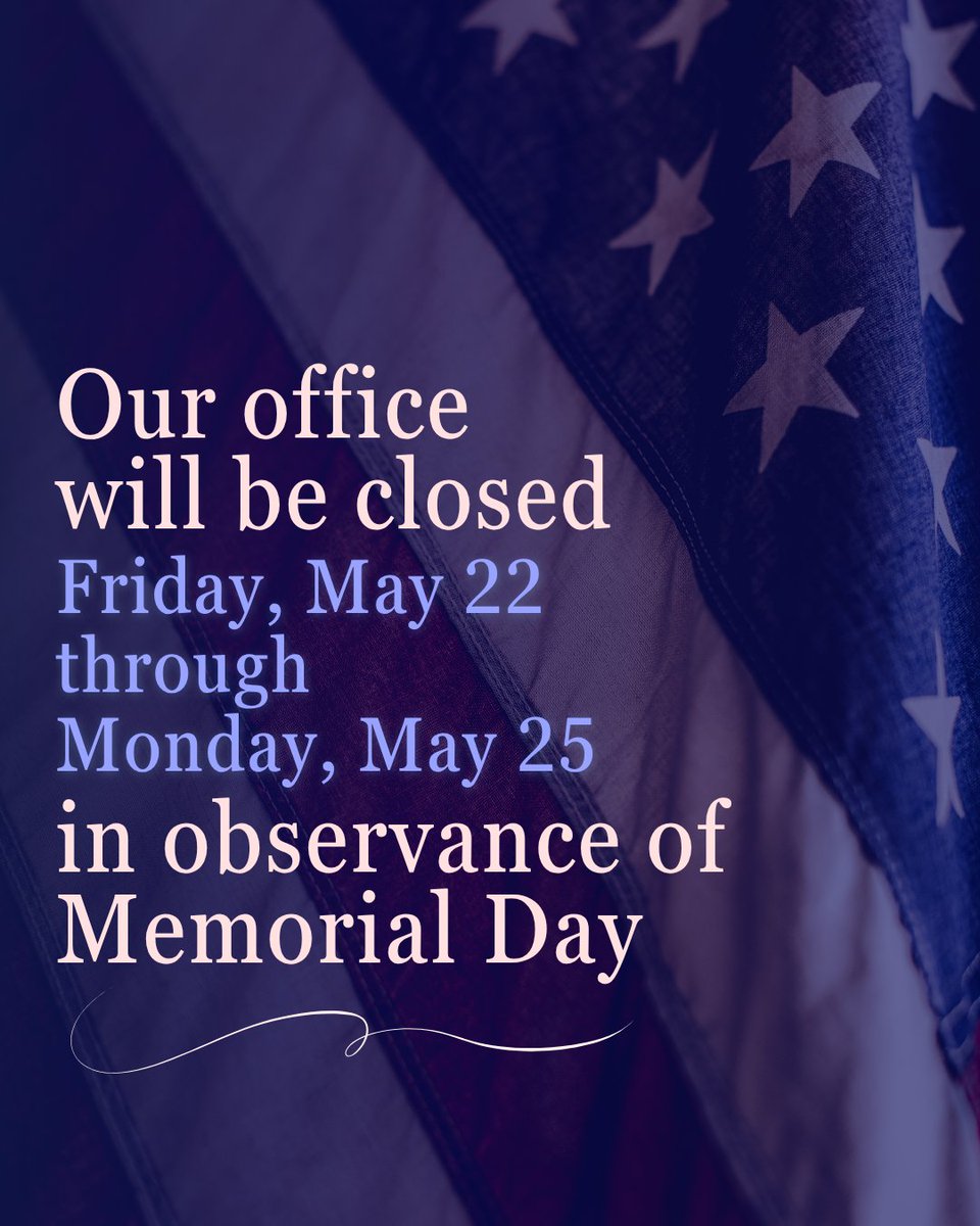RepSalisbury's tweet photo. Please be aware that our office will be closed on Friday, May 22 and Monday, May 25 in honor of Memorial Day. We will reopen for regular business hours on Tuesday, May 26. https://t.co/BG9znqvlz3