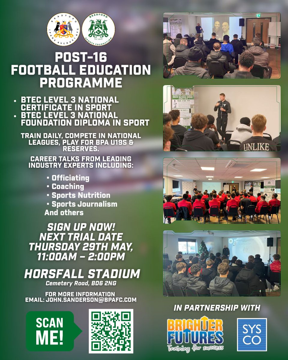 BPASportsFound's tweet photo. ATTENTION YEAR 11s! 🎓⚽️🟢⚪️

Undecided on your Post-16 plans? Come to our Level 3 BTEC Open Session at Horsfall!

Get a practical training session, learn about our A-Level equivalent course, and meet the staff.

🗓️ Thu 29 May
🕒 11am-2pm

Register: https://t.co/xBtbfklxWk https://t.co/d831aLoyLd