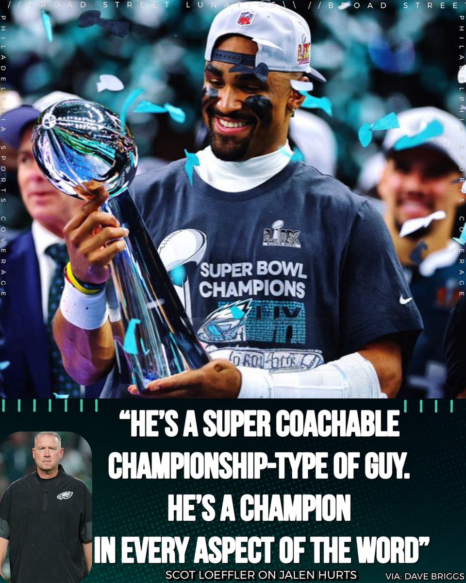BroadStLunatics's tweet photo. “He’s a super coachable, championship-type of guy, and being able to work with him for a year was awesome… He’s a champion in every aspect of the word. He’s hard working, smart, and he’s a great competitor.”

-Eagles QB coach Scot Loeffler on working with Jalen Hurts

#eagles https://t.co/sLZ7eUSFJ3