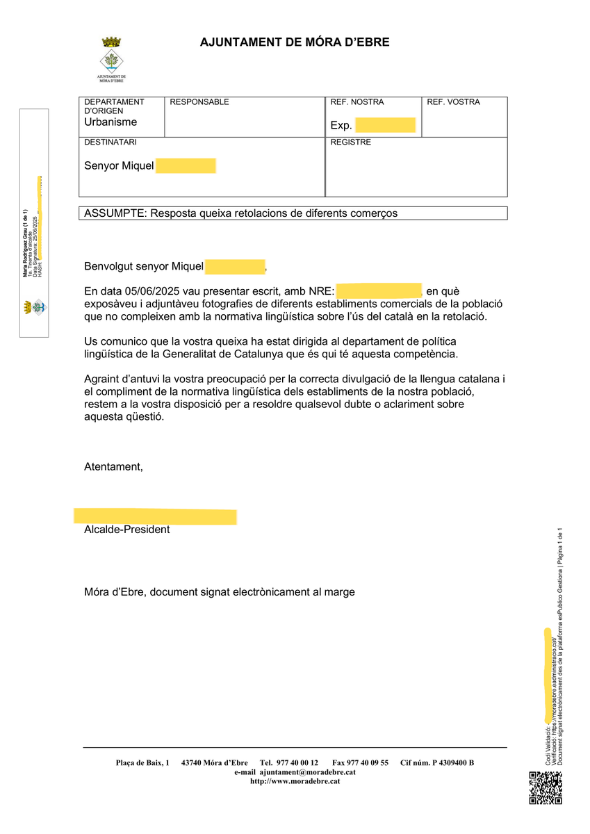 miqu3lm0la's tweet photo. De "no tenim competències" a fer inspeccions de la Guàrdia Municipal: el cas de Móra d'Ebre.

2025: L'alcalde em diu que la retolació és cosa de la Generalitat.

2026: Després de reclamar a la GAIP, admeten requeriments i inspeccions pròpies.

#AccióPelCatalà https://t.co/pEIRRO8GEx