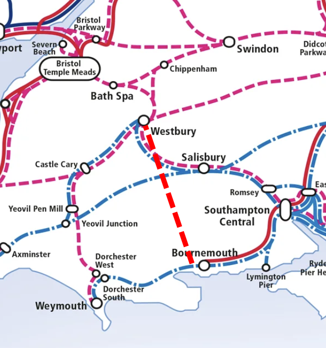JakeOfPoole's tweet photo. @carbonchicken21 You could, but even if technically a direct train, it'd still be a really indirect route. What's really needed is a new line/rebuilding of the Somerset &amp; Dorset line. Would reconnect towns like Blandford as well. 

Might be far fetched, but it wouldn't be in many other countries https://t.co/ayoyUBbWYG