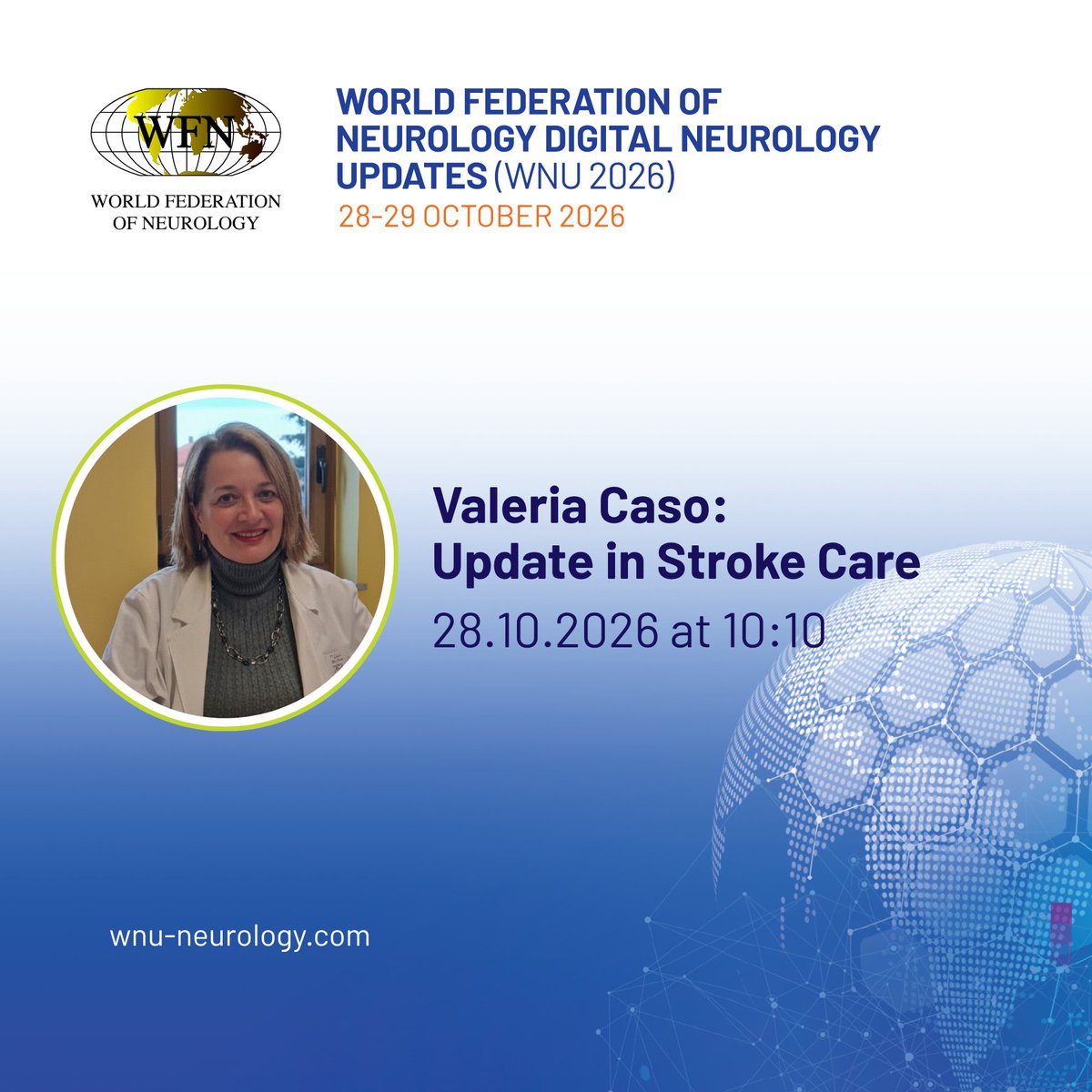 wfneurology's tweet photo. Get the latest on stroke care at WFN Digital Neurology Updates #WNU2026  

➡️Rapid decision-making in the acute phase of stroke care 
➡️New reperfusion methods that are revolutionizing outcomes 
➡️The crucial link to long-term prevention that’s often overlooked 
➡️AI-supported imaging and its role in transforming stroke management 
➡️The future use of factor XI Inhibitors in stroke therapy 

🔗 Learn more and discover the full program: https://t.co/MOYxcVe49D 

#BrainHealth #WFN #Neurology