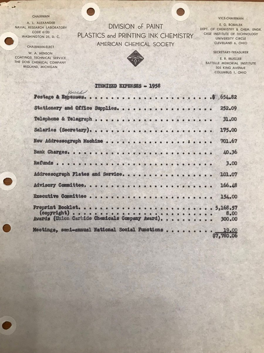 acspmse's tweet photo. PMSE History, week 3: In 1958, @acspmse ‘s major operating expense was Preprints.  The Doolittle (Union Carbide) Award had just been launched. It’s a loss for us 21st century volunteers, I think, to have never done division business by telegram…or used the addressograph machine. https://t.co/msQtCCi8hh