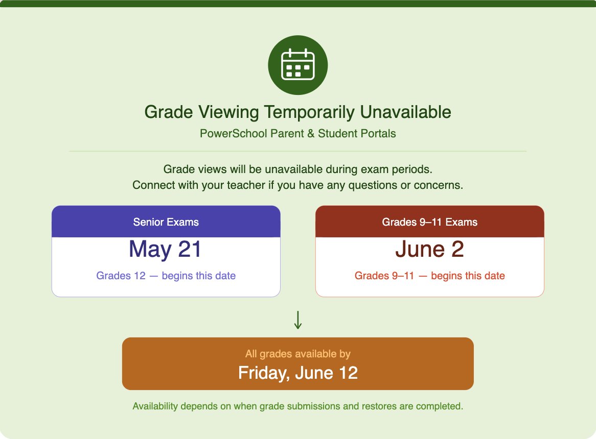 SalineHS's tweet photo. 🚨 Grade Viewing Update 🚨

Heads up, Hornets! PowerSchool grade views will be temporarily unavailable during exam periods. 📚

🗓️ Senior Exams (Grade 12): beginning May 21  
🗓️ Grades 9–11 Exams: beginning June 2

All grades will be available by Friday, June 12! 🏆 https://t.co/a2OmJC2MhR
