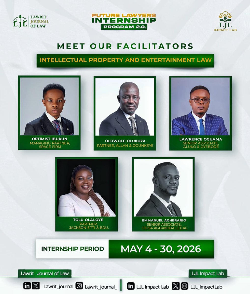 LJL_ImpactLab's tweet photo. MEET THE FACILITATORS: FLIP 2.0 ⚖️

A lineup of distinguished legal professionals across diverse practice areas shaping the Future Lawyers Internship Programme 2.0.

From Energy to Fashion, IP &amp; Entertainment Law and more.

#FLIP2 #LJLImpactLab #LawritJournalOfLaw https://t.co/030xiQYfx5