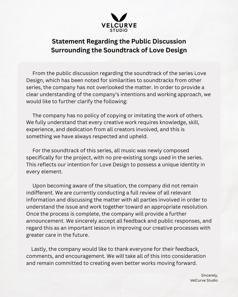 lovedesignth's tweet photo. ประกาศชี้แจง เกี่ยวกับกระแสเรื่องดนตรีประกอบซีรีส์ Love Design

Statement Regarding the Public Discussion Surrounding the Soundtrack of Love Design

#VelCurveStudio #LoveDesignSeries https://t.co/mg1WnDGLjK