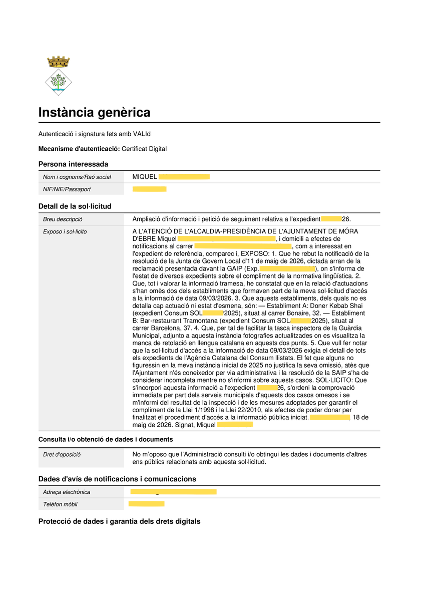 miqu3lm0la's tweet photo. De "no tenim competències" a fer inspeccions de la Guàrdia Municipal: el cas de Móra d'Ebre.

2025: L'alcalde em diu que la retolació és cosa de la Generalitat.

2026: Després de reclamar a la GAIP, admeten requeriments i inspeccions pròpies.

#AccióPelCatalà https://t.co/pEIRRO8GEx
