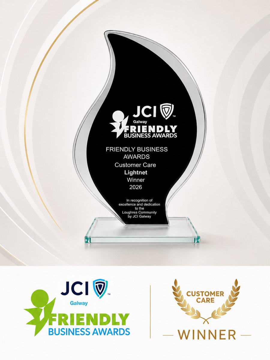 LightnetB's tweet photo. We’re delighted that Lightnet won the Customer Care Award at the JCI Galway Friendly Business Awards 2026. 

Thank you to @JCIGalway , our customers, community, and our brilliant team for their continued care, commitment, and hard work. https://t.co/CQv5GgKxtV
