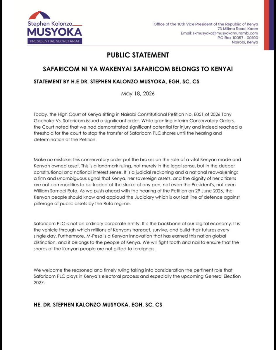 skmusyoka's tweet photo. PUBLIC STATEMENT:
SAFARICOM NI YA WAKENYA! SAFARICOM BELONGS TO KENYA! https://t.co/AfxTCqZMrK