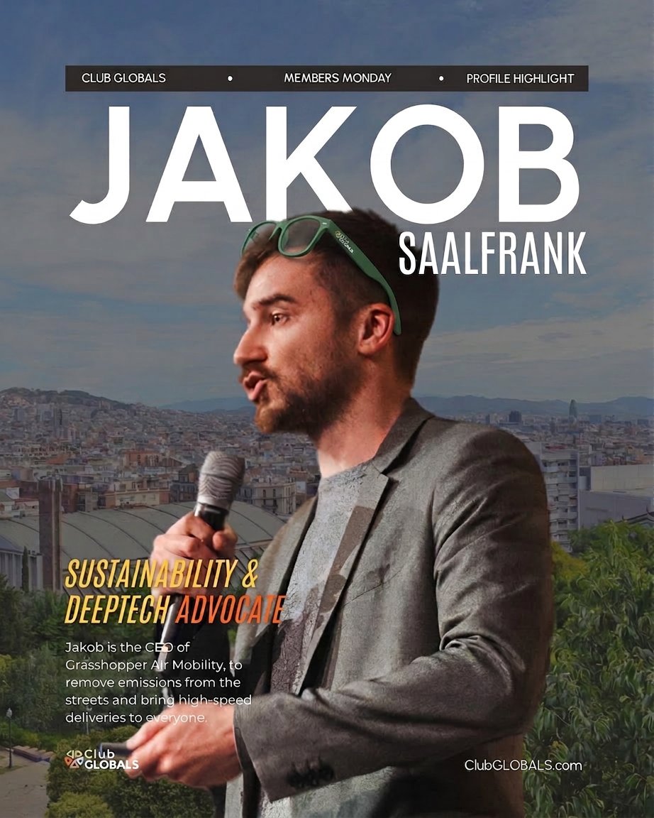 ClubGLOBALS's tweet photo. Hey, GLOBALS! Some talk about the future of cities. 
Today's Members Monday: Jakob Saalfrank, Sustainability &amp; Deeptech Advocate and CEO of Grasshopper Air Mobility.
His mission: remove emissions from the streets and bring high-speed deliveries to everyone.
Meet Jacob. 🚀 https://t.co/22p3yk3uB4