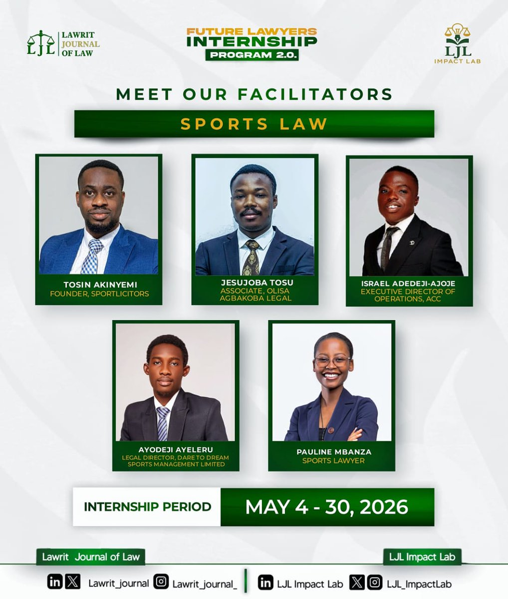 LJL_ImpactLab's tweet photo. MEET THE FACILITATORS: FLIP 2.0 ⚖️

A lineup of distinguished legal professionals across diverse practice areas shaping the Future Lawyers Internship Programme 2.0.

From Maritime to Sports, Tax and more.

#FLIP2 #LJLImpactLab #LawritJournalOfLaw https://t.co/gh6VccT6SA