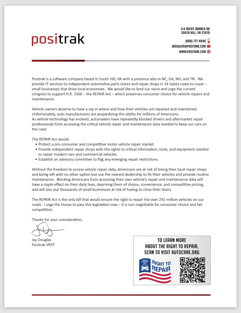 PositrakPro's tweet photo. This week, we sent a letter to our legislators urging them to support HR 1566 the #RightToRepair act and we encourage you to do the same. To learn more, you can read up on the Right to Repair Act on the Auto Care Association website: https://t.co/BWD8LEdKNs https://t.co/FphUBFphut