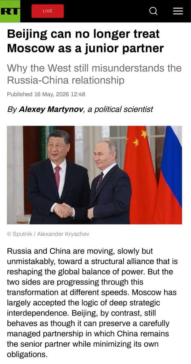 slantchev's tweet photo. My jaw is on the floor: it’s one thing for us to say that Russia has become a vassal of China, it’s quite another for the Kremlin to openly say so. But here we are, from RT, the mouthpiece of the Kremlin, an article on the eve of Putin’s annual tribute mission to China:

Russia is China’s junior partner. China knows it, Russia knows it, and everyone else knows it. This is what it means when RT says there’s a “strategic pillar” in Russia becoming China’s largest supplier of oil, while surging other materials like nickel, copper, aluminum, metal ores, and grain. It’s the classic extraction from periphery to the imperial metropole. 

(It’s funny that RT claims that import-substitution in Russia is the reason for collapsing demand for Chinese products when much of that substitution is built on Chinese imports.)

What’s happening right now is that the vassal got himself into a serious bind with his foreign misadventure and the sovereign hasn’t done enough to help him. So Putin is begging Xi to get him out — this is what RT means when it complains that “China still often behaves as though it can enjoy the benefits of strategic partnership without fully committing itself to the burdens that come with it.”

But RT’s conclusion is a bunch of wishful thinking: “At some point, Beijing will have to decide whether it truly views Russia as an equal strategic partner or merely as a useful resource base operating on China’s periphery.”

You see, no, China does not have to make any such decision. It benefits tremendously from Putin’s disastrous war in Ukraine. There’s no upside to siding with Russia openly and provoking hostility in the entire West. Beijing’s current policy is quite smart in that regard as it allows it to profit from increasingly desperate Russians while encouraging a rift between the Europeans and the Americans, a rift that is, by the way, completely unnecessary and caused by idiots in Washington. It will, in fact, not be impossible for China to find a modus vivendi with the US as long as it doesn’t push for a military solution in Taiwan. 

The RT article is remarkable: it’s whining about China while simultaneously trying to portray Russia’s fundamental structural weaknesses as some sort of strength while demanding for Beijing to act against its interests in order to save Putin from his own folly. 

How fitting that Putin understands so well imperial China’s Tributary System to keep bending the knee but not well enough to understand that the Emperor plays on a larger board and will only throw him crumbs from the table.
