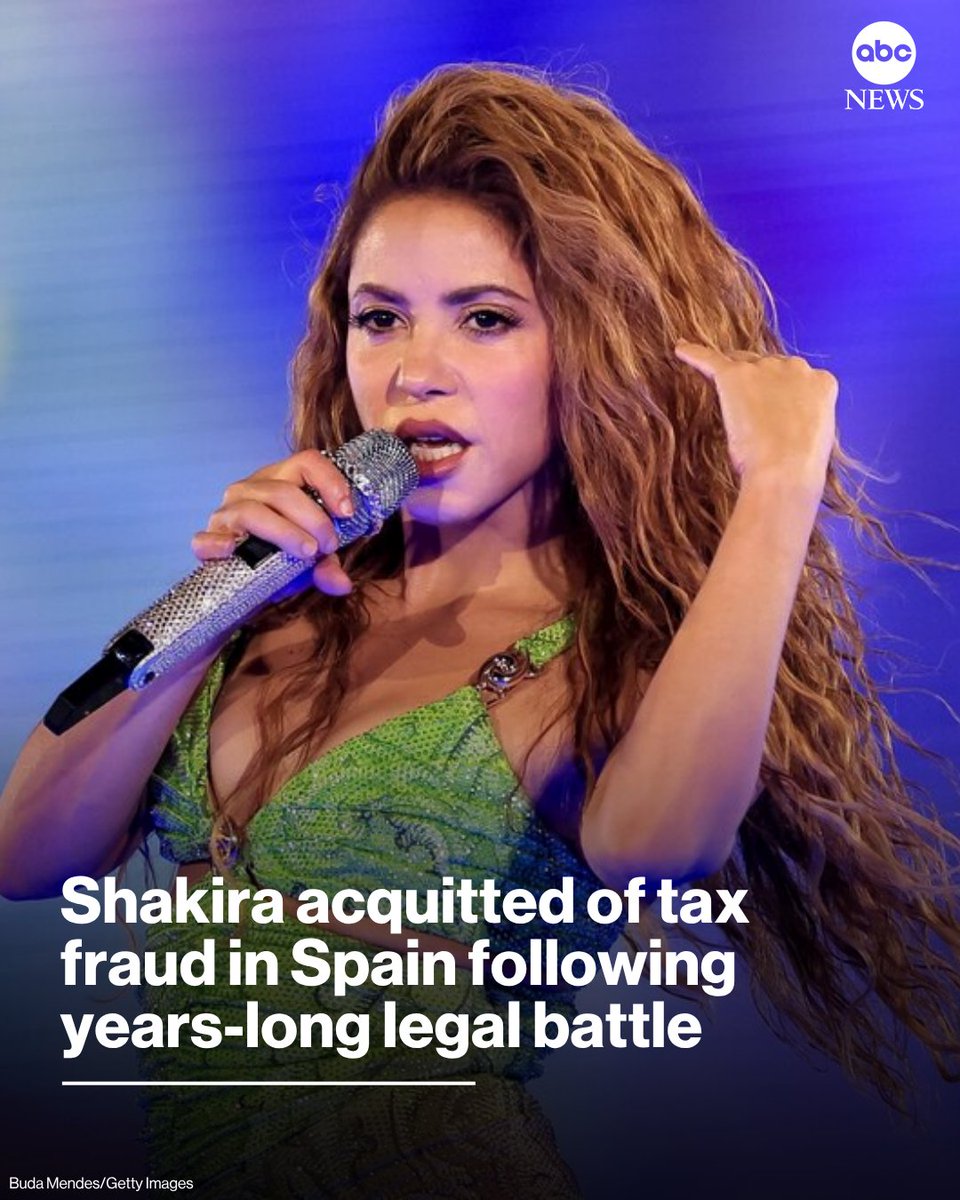 ABC's tweet photo. Music superstar Shakira was acquitted of tax fraud in a new ruling from Spain's national court on Monday.

The court ordered that Spanish authorities must repay Shakira tens of millions of dollars from the years-long legal battle.

Read more: https://t.co/aT3komQG32 https://t.co/ZbBRnx6MMi