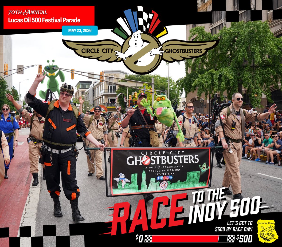 CCGhostbusters's tweet photo. Catch us in the 500 Festival Parade THIS WEEKEND!

We are so excited to be returning to the biggest parade in downtown Indy! Also, leading up to the parade and race day, we are racing to raise $500 for the Dayspring Center! We are also matching donations up to $500! https://t.co/8jb4PeSuOs