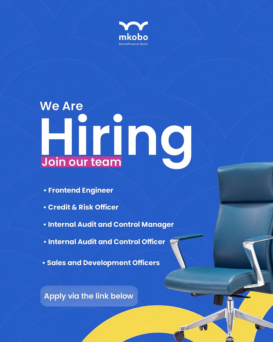 mkobobank's tweet photo. We’re hiring at Mkobo Microfinance Bank 🚀
Ready to grow your career with an innovative team? Explore our open roles and apply via the link below.

Frontend Engineer https://t.co/4FiNgpeotr

Credit & Risk Officer - https://t.co/4idNUa5Rzb

Internal Audit & Control Officer - https://t.co/ovO605y5Tx

 Internal Audit and Control Manager - https://t.co/Sik27xDSUv
 
Sales and Business Development Officers - https://t.co/ZeyS9moXJq

#Mkobo #WeAreHiring #JoinOurTeam #CareerOpportunity #HiringNow #mkoboforbusiness