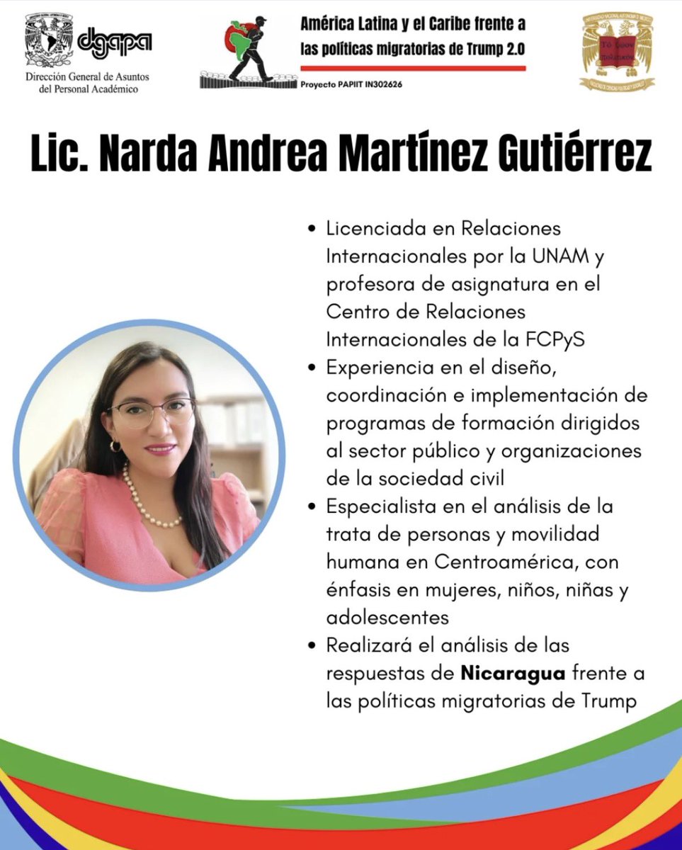 AlycPapiit2026's tweet photo. Te presentamos a la Lic. Narda Andrea Martínez Gutiérrez, quien participa como investigadora del Proyecto PAPIIT IN302626 👩‍🏫📝

#migración #politica #unam #nicaragua #trump https://t.co/4zYx28pKkQ